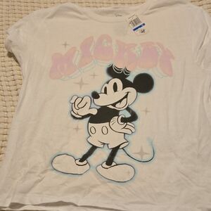 Disney White Tee with Retro Pink & Blue Mickey Graphic